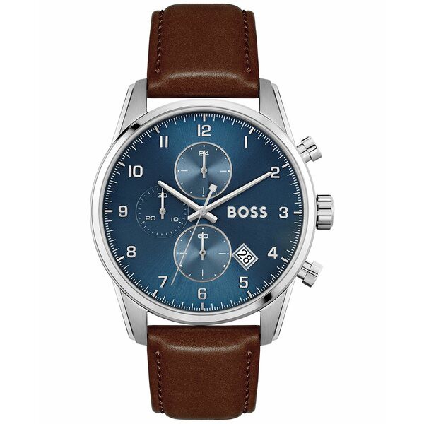 ボス メンズ 腕時計 アクセサリー Skymaster Men's Chronograph Brown Leather Strap Watch 44mm Silver