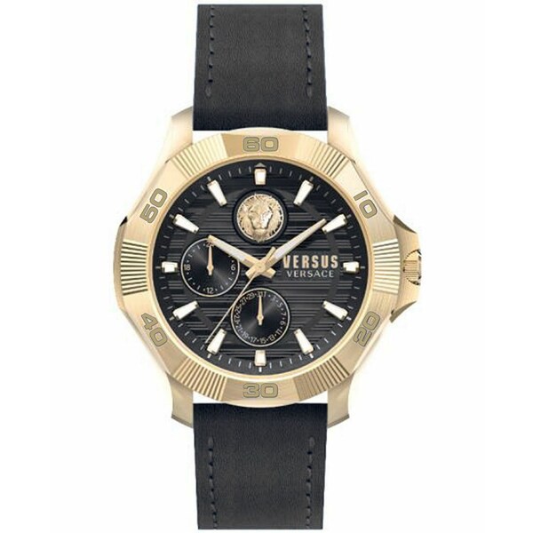 ヴェルサス ヴェルサーチ メンズ 腕時計 アクセサリー Versus by Versace Men's Dtla Black Leather Strap Watch 46mm Gold