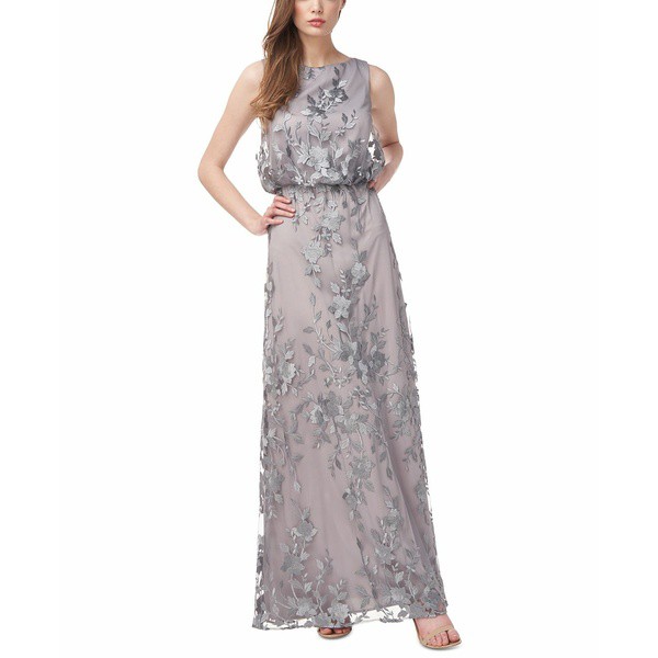 ジェイエスコレクションズ レディース ワンピース トップス Floral Embroidered Mesh Sleeveless Gown Silver