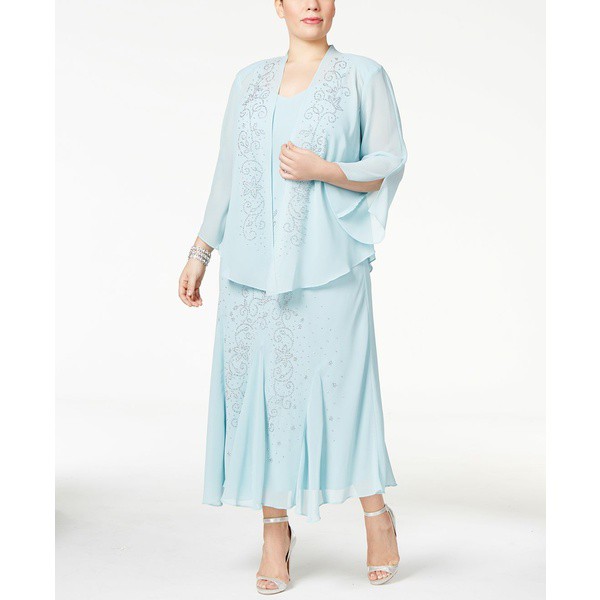 アールアンドエムリチャーズ レディース ワンピース トップス R&M Richards Plus Size Beaded V-Neck Dress and Jacket Slate Blue