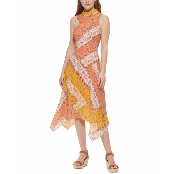 ヴィンスカムート レディース ワンピース トップス Women's Printed Mock-Neck Handkerchief-Hem Dress Tangerine