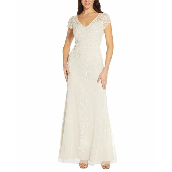 アドリアナ パペル レディース ワンピース トップス Beaded V-Neck Gown Ivory