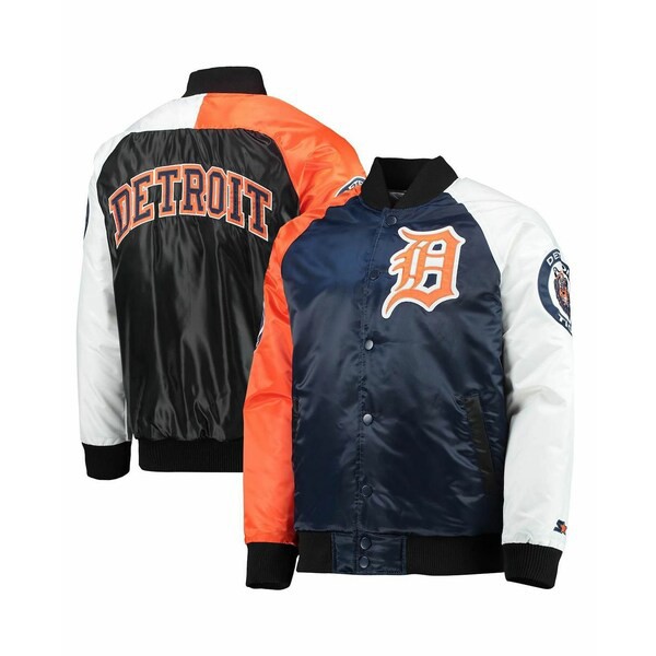 スターター メンズ ジャケット＆ブルゾン アウター Men's Navy, Orange Detroit Tigers Varsity Tri-Color Satin Full-Snap Jacket Navy,