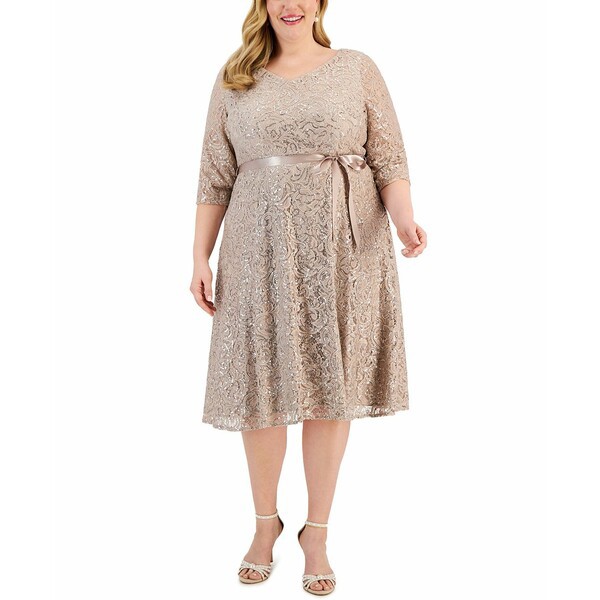 アレックスイブニングス レディース ワンピース トップス Plus Size Lace A-Line Midi Dress Buff