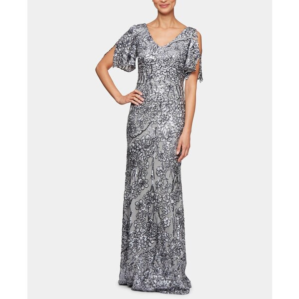 アレックスイブニングス レディース ワンピース トップス Petite Sequinned Cold-Shoulder Gown Silver