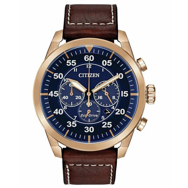 シチズン メンズ 腕時計 アクセサリー Eco-Drive Men's Chronograph Avion Brown Leather Strap Watch 48mm Brown