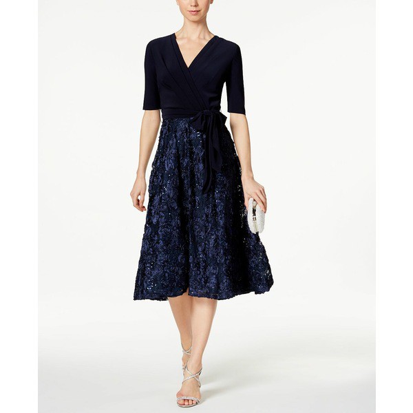 アレックスイブニングス レディース ワンピース トップス Sequined Rosette Wrap Dress Navy