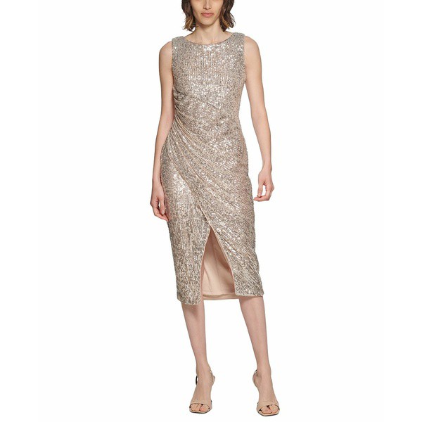 カルバンクライン レディース ワンピース トップス Women's Ruched Sequined Midi Dress Khaki