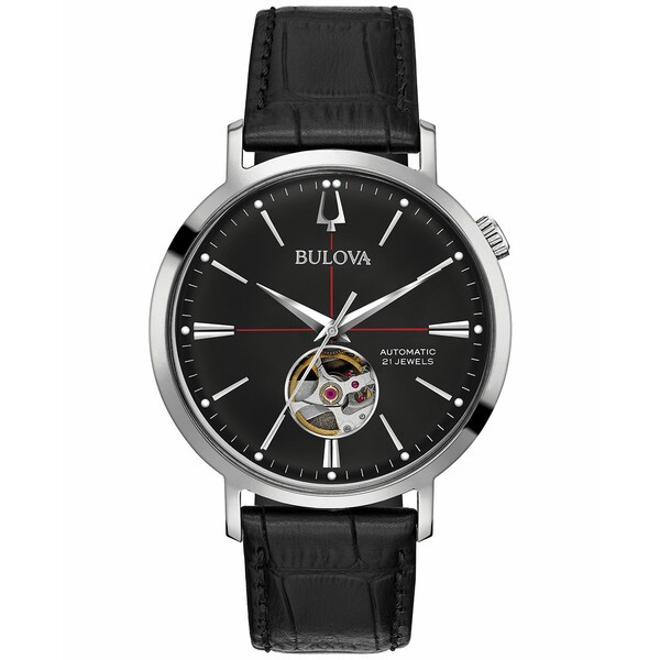 ブロバ メンズ 腕時計 アクセサリー Men's Automatic Aerojet Black Leather Strap Watch 41mm Silver-tone