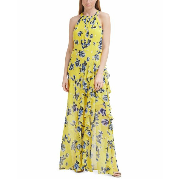 エリザジェイ レディース ワンピース トップス Sleeveless Chiffon Floral Gown Yellow Floral