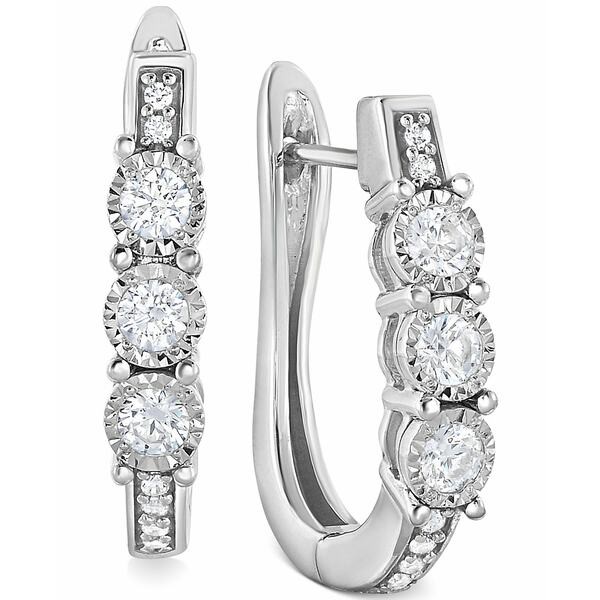 トゥルーミラクル レディース ピアス＆イヤリング アクセサリー Diamond Three-Stone Hoop Earrings (1/2 ct. t.w.) in 10k White Gold W