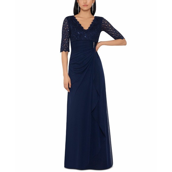 ベッツィ アンド アダム レディース ワンピース トップス Women's Lace-Top Waterfall-Detail Gown Navy Blue