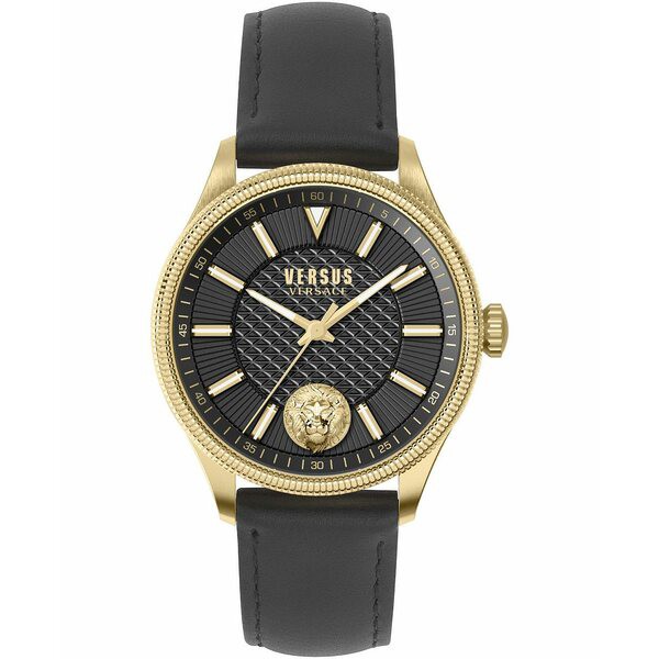 ヴェルサス ヴェルサーチ メンズ 腕時計 アクセサリー Versus by Versace Men's Colonne Black Leather Strap Watch 45mm Gold