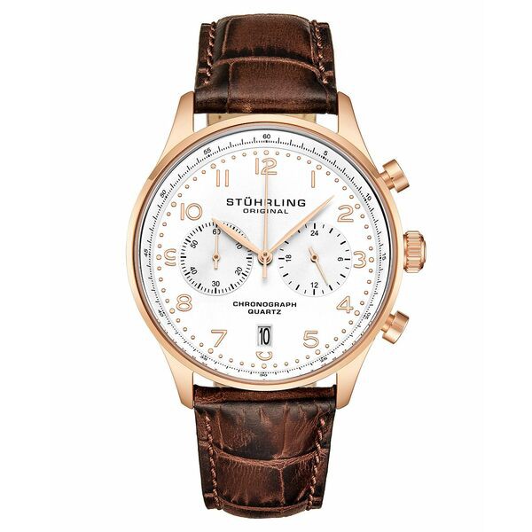 スターリング メンズ 腕時計 アクセサリー Men's Chrono, Rose Gold Layered Case, White Dial, Brown Leather Strap Watch White