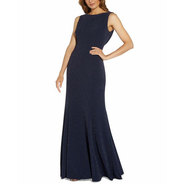 アドリアナ パペル レディース ワンピース トップス Glitter Cowl-Back Gown Navy