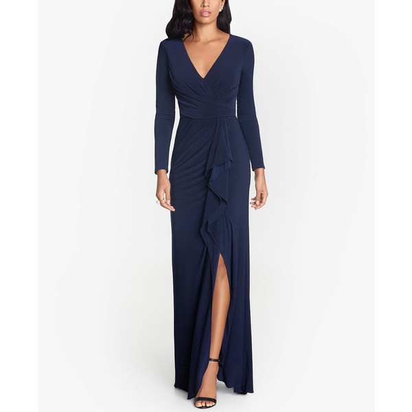 ベッツィ アンド アダム レディース ワンピース トップス Petite High-Slit Evening Gown Navy Blue