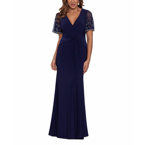 ベッツィ アンド アダム レディース ワンピース トップス Beaded-Sleeve Gown Navy