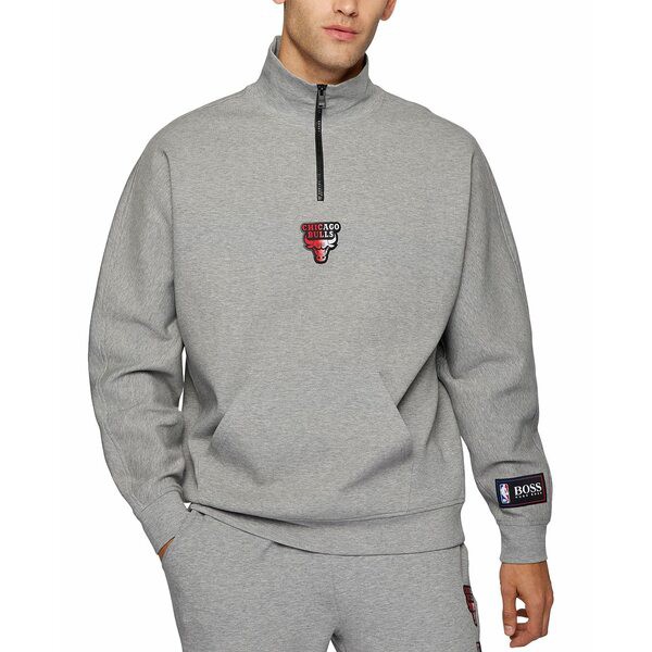 ヒューゴボス メンズ シャツ トップス BOSS Men's NBA Chicago Bulls Zip-Neck Sweatshirt Light Grey