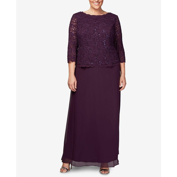 アレックスイブニングス レディース ワンピース トップス Plus Sequined Scalloped Edge Lace Top Gown Deep Plum