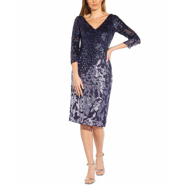 アドリアナ パペル レディース ワンピース トップス Sequin Sheath Dress Navy Blue