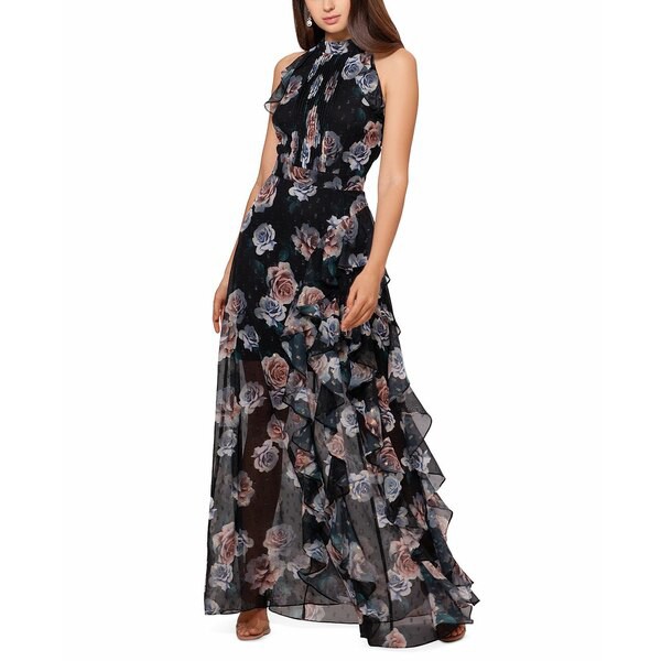 ベッツィ アンド アダム レディース ワンピース トップス Petite Floral-Print Chiffon Ruffle Gown Black Peacock