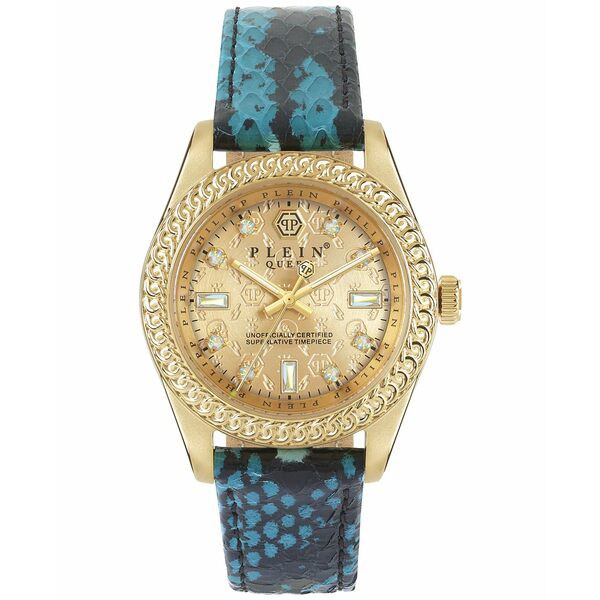 フィリッププレイン レディース 腕時計 アクセサリー Women's Queen Gold-Tone Stainless Steel and Blue Elaphe Leather Strap Watch 36