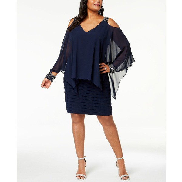 ベッツィ アンド アダム レディース ワンピース トップス Plus Size Cold-Shoulder Popover Dress Navy/Silver