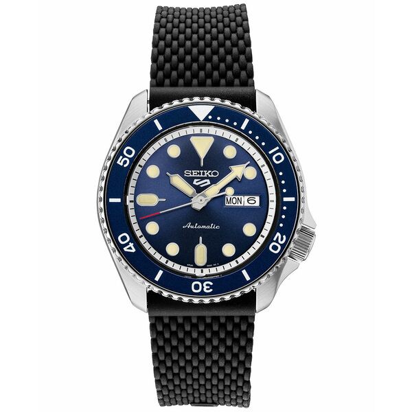 セイコー メンズ 腕時計 アクセサリー Men's Automatic 5 Sports Black Silicone Strap Watch 43mm Blue