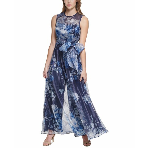 エリザジェイ レディース カジュアルパンツ ボトムス Floral-Print Organza Wide-Leg Jumpsuit Navy/Multi