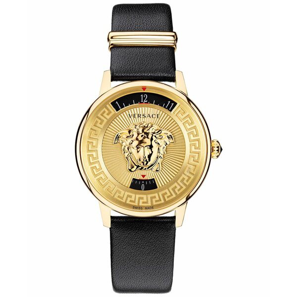 ヴェルサーチ レディース 腕時計 アクセサリー Women's Swiss Medusa Icon Black Leather Strap Watch 38mm Ip Yellow Gold