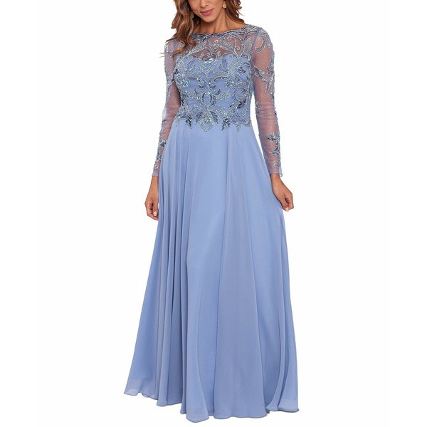 エスケープ レディース ワンピース トップス Petite Mesh-Sleeve Embellished Gown Dusty Blue