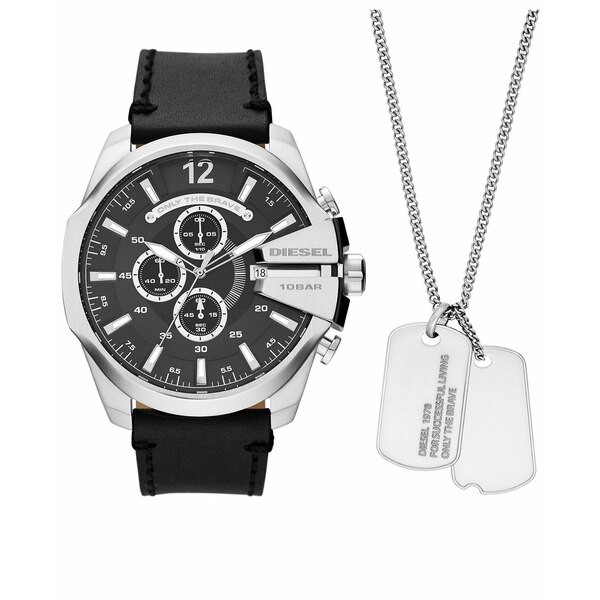 ディーゼル メンズ 腕時計 アクセサリー Men's Mega Chief Chronograph Black Leather Watch And Necklace Set 51mm Black, Silvertone