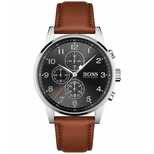 ボス メンズ 腕時計 アクセサリー Navigator Men's Chronograph Brown Leather Strap Watch 44mm Silver