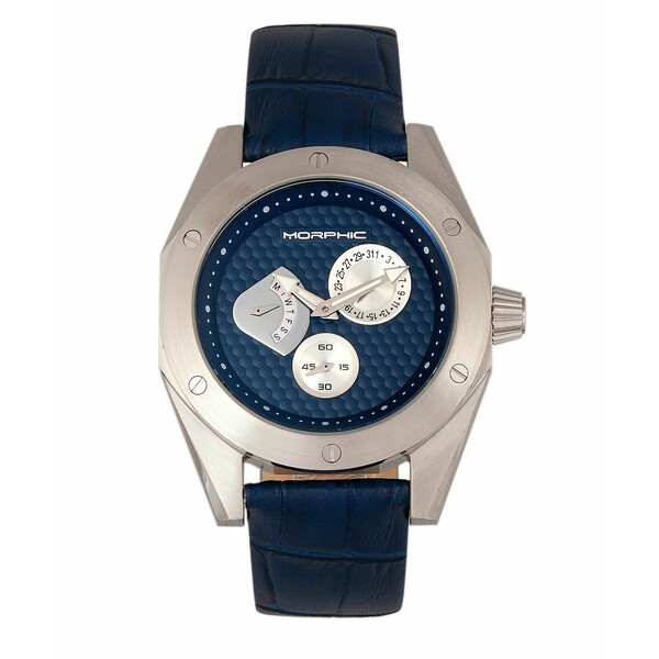 モルフィック メンズ 腕時計 アクセサリー M46 Series, Silver Case, Navy Leather Band Men's Watch w/Date, 44mm Navy