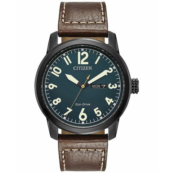 シチズン メンズ 腕時計 アクセサリー Men's Eco-Drive Military Brown Leather Strap Watch 42mm BM8478-01L No Color