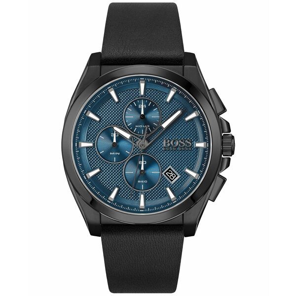 ボス メンズ 腕時計 アクセサリー Men's Chronograph Grandmaster Black Leather Strap Watch 46mm Black