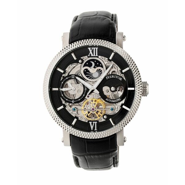 ヘリトール レディース 腕時計 アクセサリー Automatic Aries Silver & Black & Black Leather Watches 43mm Black