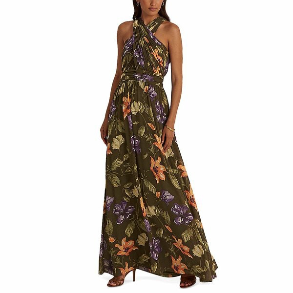 ラルフローレン レディース ワンピース トップス Floral Crinkle Georgette Halter Gown Olive Multi