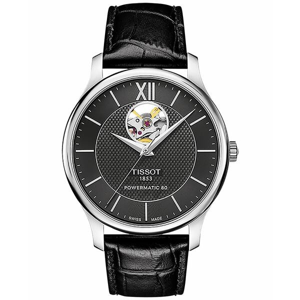 ティソット メンズ 腕時計 アクセサリー Men's Swiss Automatic Tradition Powermatic 80 Open Heart Black Leather Strap Watch 40mm T0