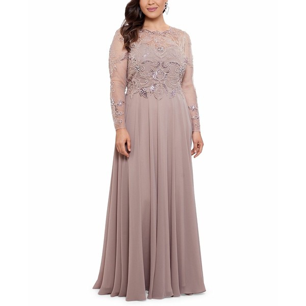 エスケープ レディース ワンピース トップス Plus Size Embellished Illusion Gown Taupe