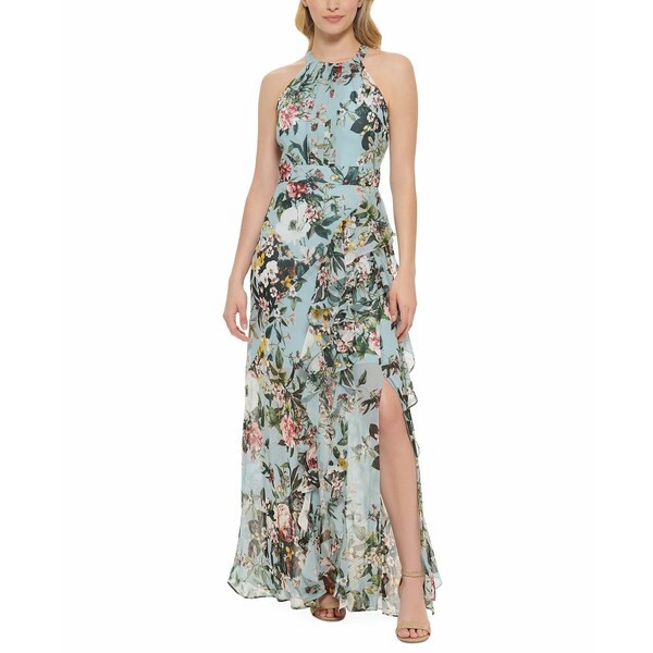 エリザジェイ レディース ワンピース トップス Women's Floral-Print Ruffled Halter Maxi Dress Blue