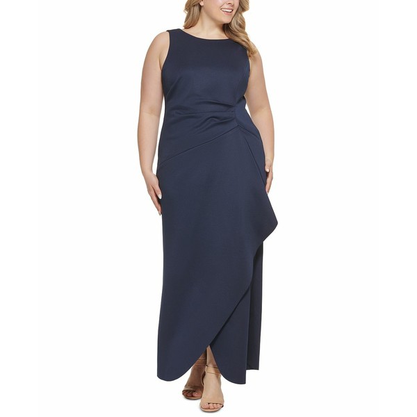 エリザジェイ レディース ワンピース トップス Plus Size Side-Ruffle Gown Navy