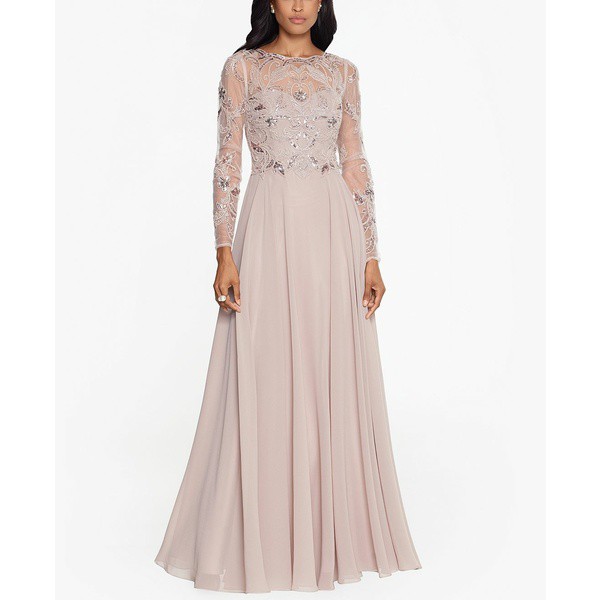 エスケープ レディース ワンピース トップス Petite Mesh-Sleeve Embellished Gown Taupe