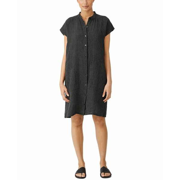 エイリーンフィッシャー レディース ワンピース トップス Organic Petite Linen Mandarin-Collar Dress Black