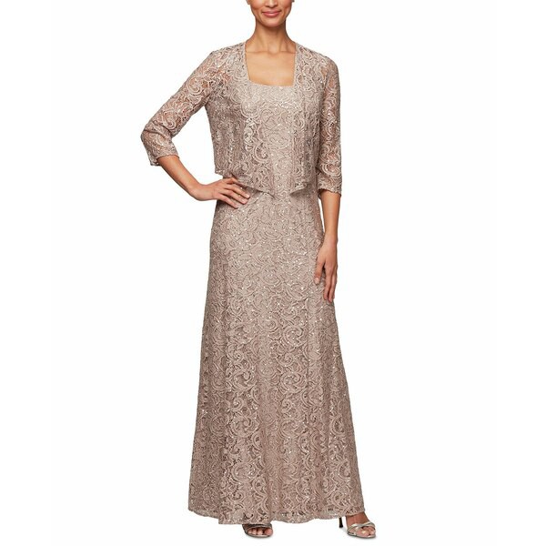 アレックスイブニングス レディース ワンピース トップス Sequined Lace Long A-Line Dress With Jacket Buff