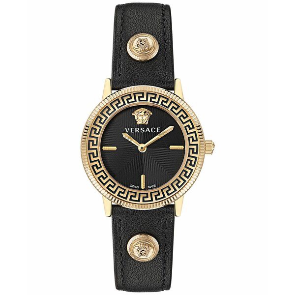 ヴェルサーチ レディース 腕時計 アクセサリー Women's Swiss V-Tribute Black Leather Strap Watch 36mm Ip Yellow Gold