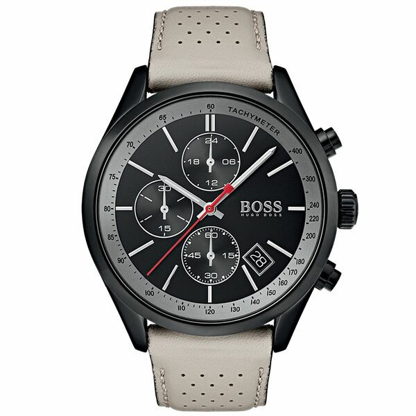 ボス メンズ 腕時計 アクセサリー Hugo Boss Men's Chronograph Grand Prix Beige Perforated Leather Strap Watch 44mm No Color