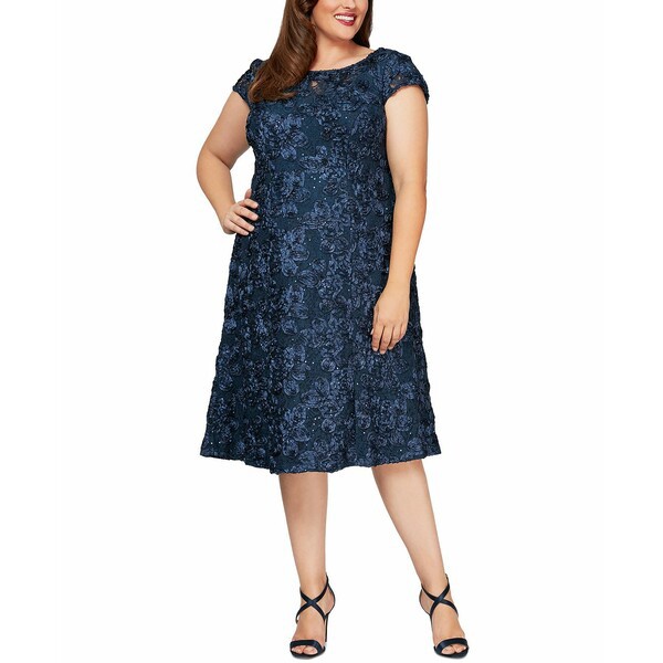 アレックスイブニングス レディース ワンピース トップス Plus Size Rosettes Lace A-Line Dress Navy