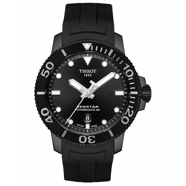 ティソット メンズ 腕時計 アクセサリー Men's Swiss Automatic SeaStar Black Rubber Strap Diver Watch 43mm Black