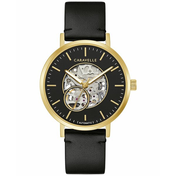 キャラベル メンズ 腕時計 アクセサリー Men's Automatic Black Leather Strap Watch 39.5mm Black